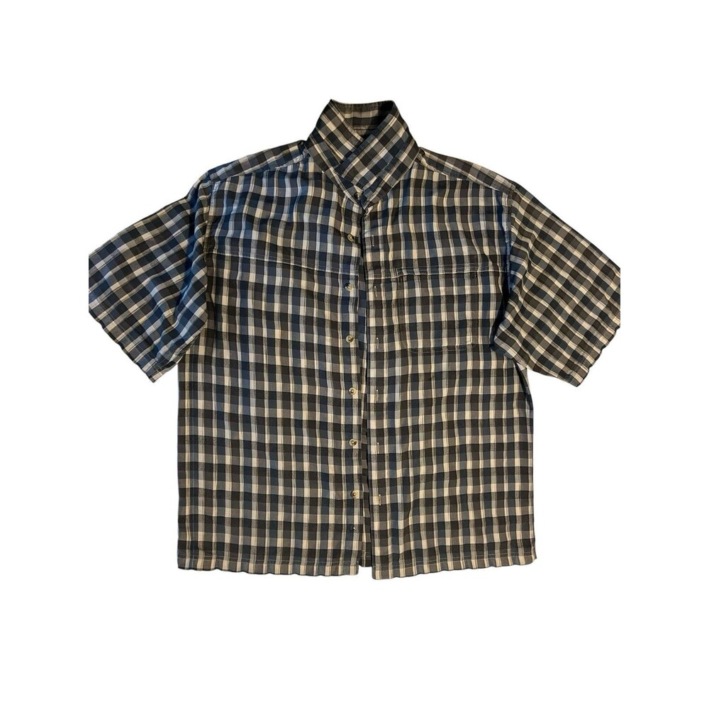 Northface Men's Button Front Shirt Size MED Short Sleeve Blue Gray Plaid Outdoor